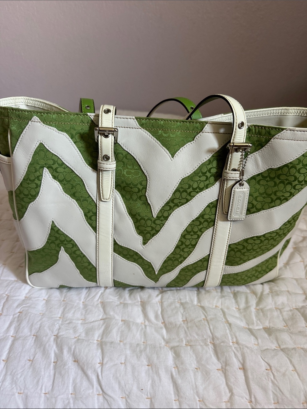 Coach Green and White Signature Zebra-Stripe Tote